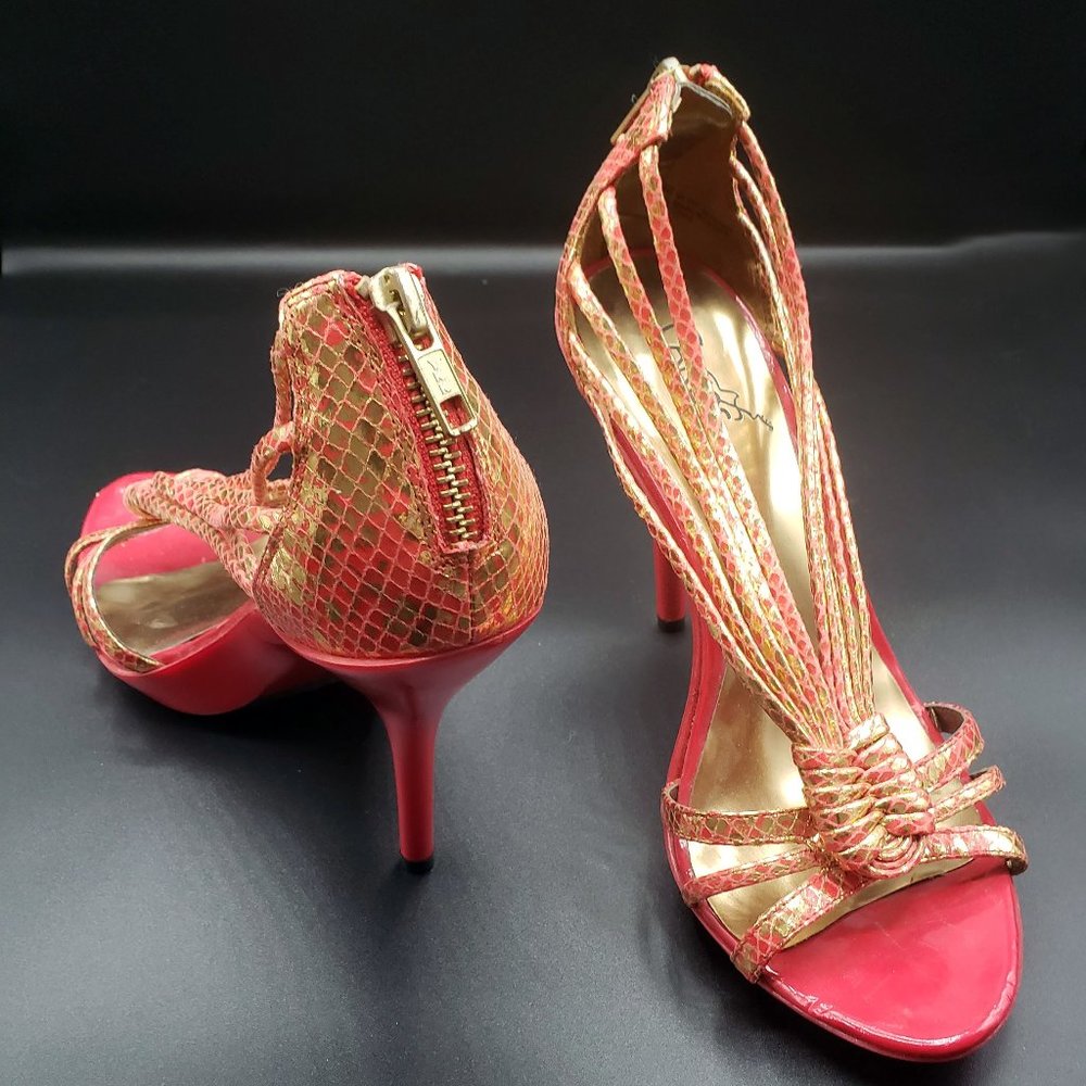 90s red hot gold and red patent snakeskin heels